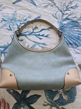 Mulberry Two-Tone Pebbled Leather Shoulder Hobo in Light Blue and Beige